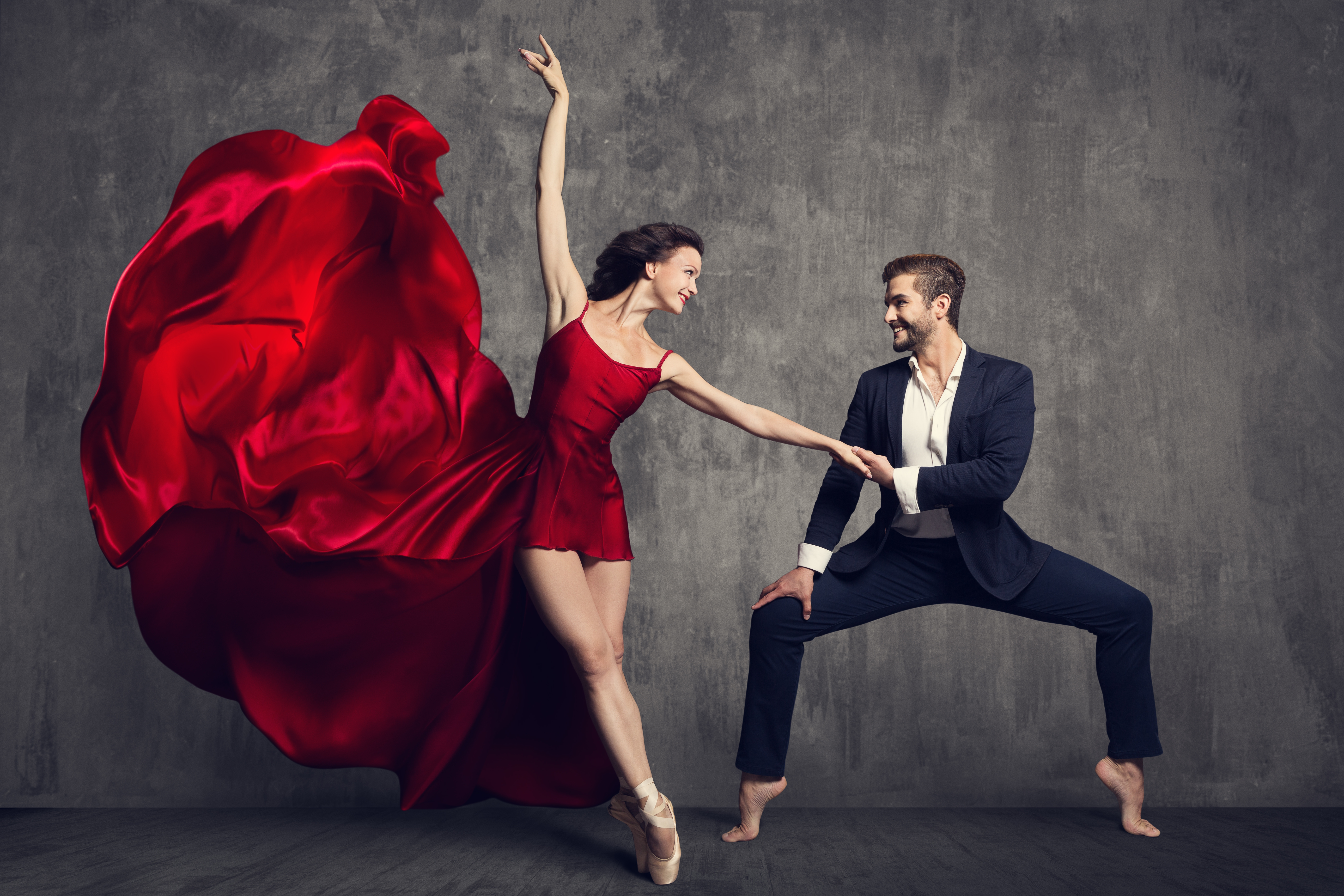 Dancing Ballet Couple, Beautiful Woman in Red Dress and Man in Suit, Ballerina in Flying Waving Fabric