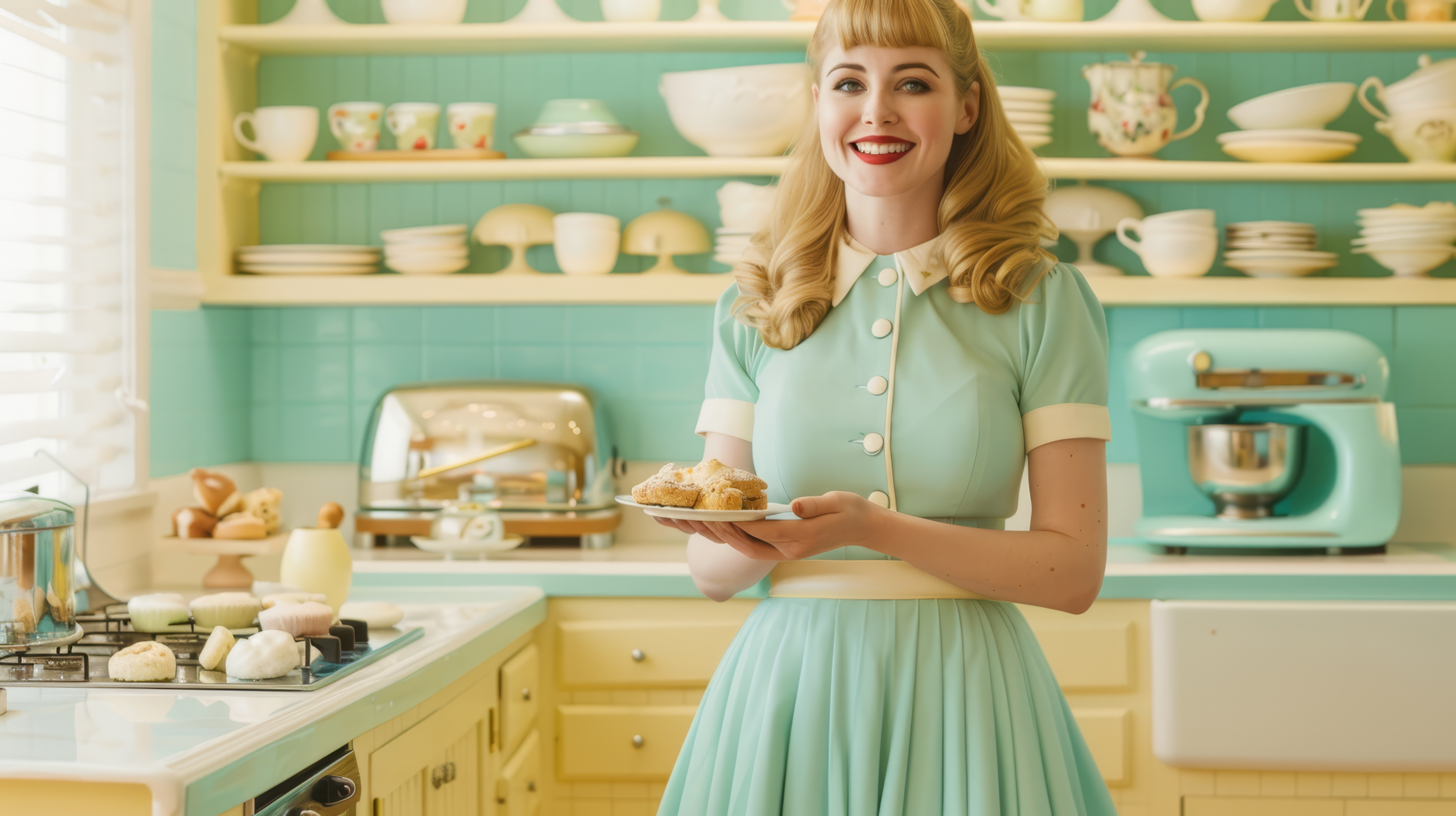 Retro-style woman in a pastel kitchen holding a plate of pastries, smiling cheerfully. Trad wife concept